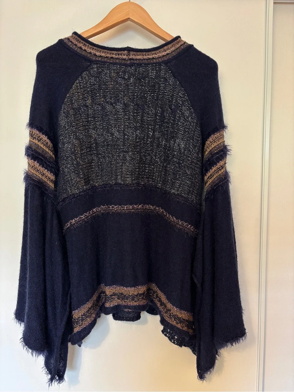 Free People Sweater Oversized Medium Blue Craft Time Bell Boho Chic Fairy Grunge